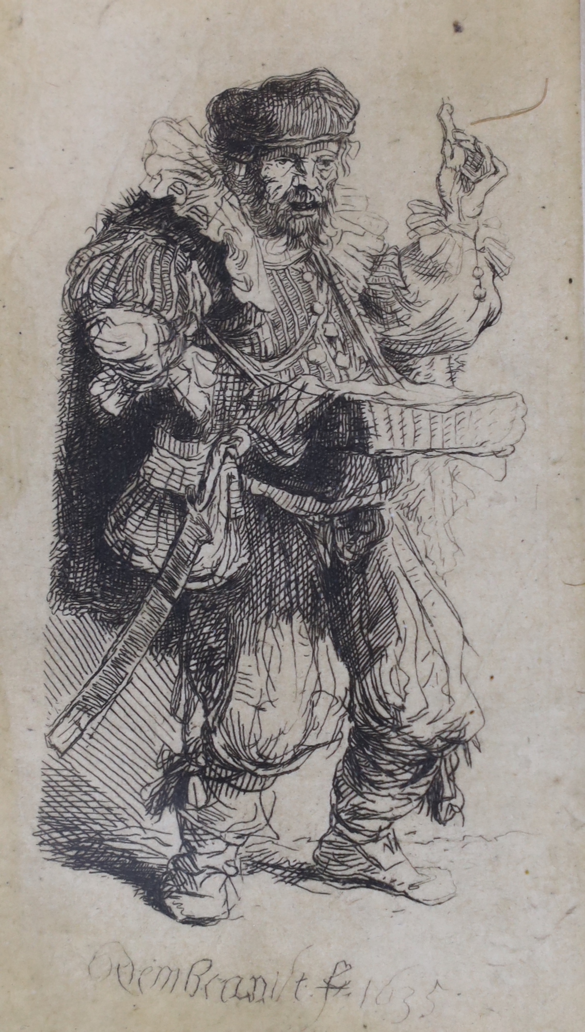 After Rembrandt van Rijn (1606-1669), a small engraving, Le charlatan, signed and dated 1635 in the plate, visible sheet 7.25 x 4cm